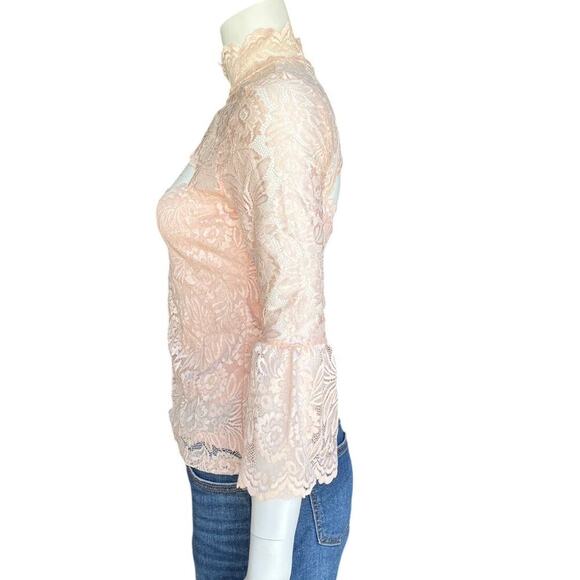 VENUS Blush Lace High Neck Bell Sleeve Sheer Top Small - Picture 3 of 9